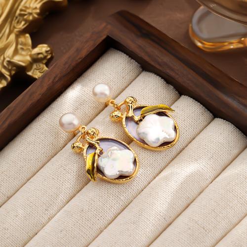 Brass Drop Earring, with Freshwater Pearl, Flower, gold color plated, for woman & enamel, nickel, lead & cadmium free, 17x33mm, Sold By Pair