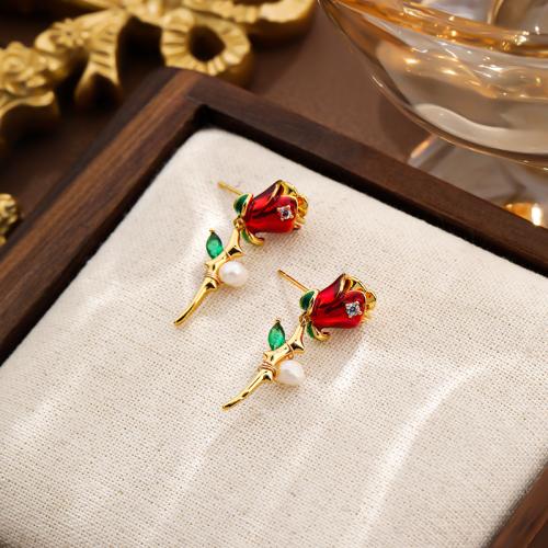 Brass Stud Earring, with Freshwater Pearl, Rose, gold color plated, for woman & enamel, red, nickel, lead & cadmium free, 10x30mm, Sold By Pair