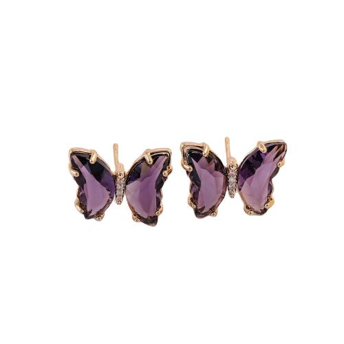 Goujon Laiton, avec verre, papillon, Placage, bijoux de mode, violet, protéger l'environnement, sans nickel, plomb et cadmium, 15x20mm, Vendu par paire