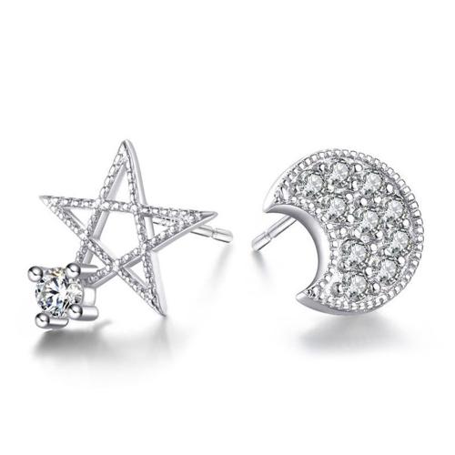 Asymmetric Earrings Brass Moon and Star plated micro pave cubic zirconia & for woman platinum color Sold By Pair