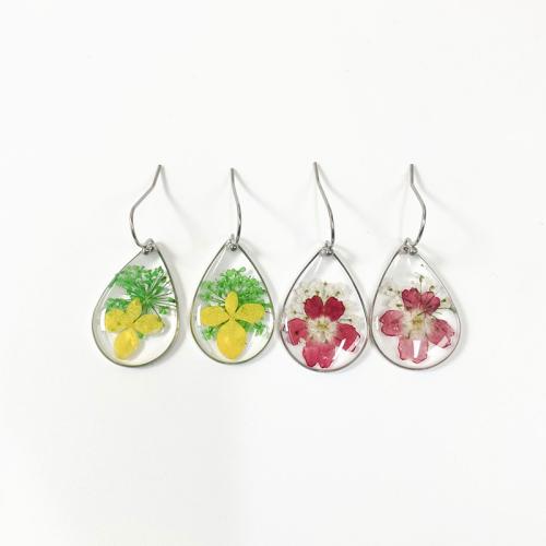 Pressed Dried Flower Jewelry , 304 Stainless Steel, with Dried Flower & Resin, different styles for choice & for woman, more colors for choice, Sold By Pair
