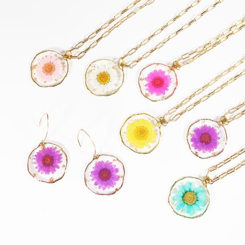 Pressed Dried Flower Jewelry , earring & necklace, 304 Stainless Steel, with Dried Flower & iron chain & Resin & Tibetan Style, epoxy gel, 2 pieces & different styles for choice & for woman, more colors for choice, Necklace 45cm, earrings 5.5x5.5cm, 6Sets/Bag, Sold By Bag