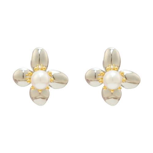 Brass Stud Earring with Plastic Pearl Flower 18K gold plated fashion jewelry & for woman silver color Sold By Pair
