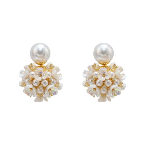 Cubic Zirconia Micro Pave Brass Earring with Plastic Pearl Flower 18K gold plated fashion jewelry & micro pave cubic zirconia & for woman white Sold By Pair