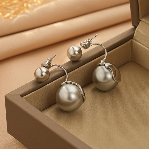 Brass Stud Earring, with Plastic Pearl, fashion jewelry & for woman, silver color, 30x15mm, Sold By Pair