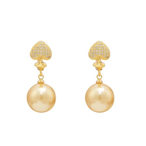 Boucles d'oreilles en laiton zircon cubique pavent, avec perle de plastique, Plaqué or 18K, bijoux de mode & pavé de micro zircon & pour femme, doré, 29x12mm, Vendu par paire