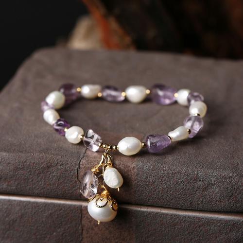Brass Bracelet & Bangle, with Freshwater Pearl & Amethyst, handmade, fashion jewelry & for woman, Length:Approx 15.5 cm, Sold By PC
