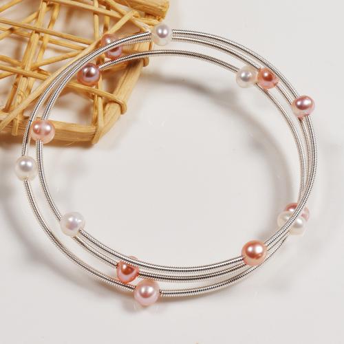 Bracelets en laiton, avec perle d'eau douce cultivée, fait à la main, trois couches & bijoux de mode & pour femme, Longueur:Environ 17 cm, Vendu par PC