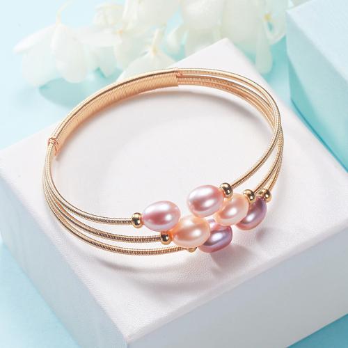 Brass Bracelet & Bangle with Freshwater Pearl three layers & fashion jewelry & for woman gold Length Approx 17 cm Sold By PC