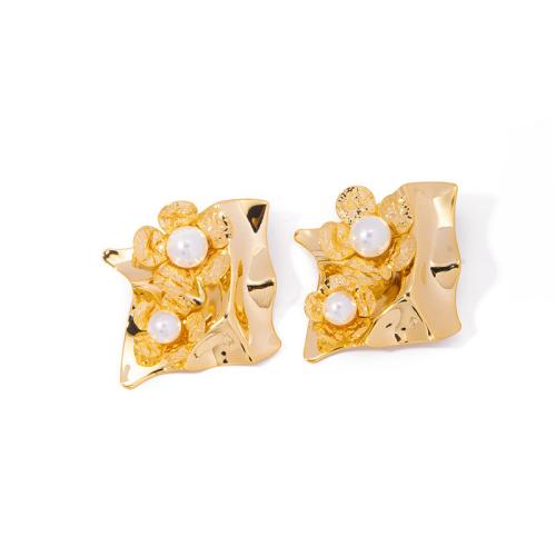 Brass Stud Earring, with Plastic Pearl, Flower, fashion jewelry & for woman, more colors for choice, 55x46mm, Sold By Pair
