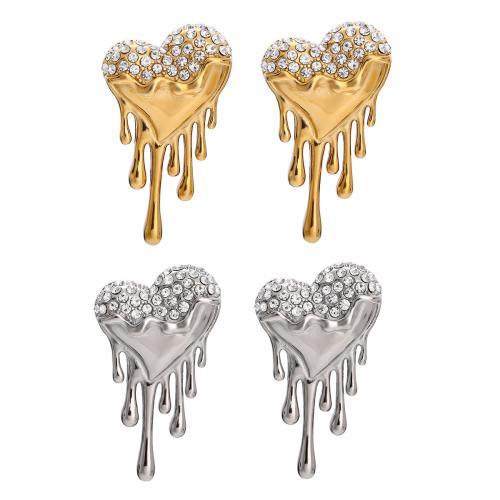 Stainless Steel Stud Earrings, 304 Stainless Steel, Heart, Vacuum Ion Plating, fashion jewelry & for woman & with rhinestone, more colors for choice, 22.30x34.80mm, Sold By Pair