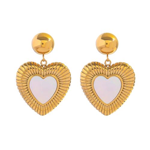 Stainless Steel Drop Earring, 304 Stainless Steel, with Shell, Heart, 18K gold plated, fashion jewelry & for woman, golden, 35.90x24.20mm, Sold By Pair