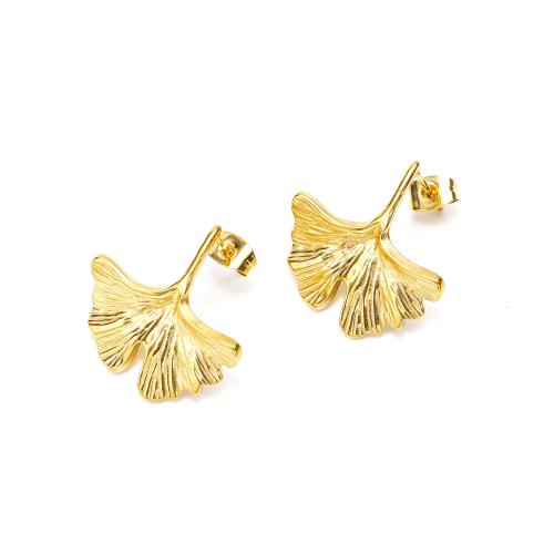 Stainless Steel Stud Earrings 304 Stainless Steel Ginkgo Leaf Vacuum Ion Plating fashion jewelry & for woman golden Sold By Pair
