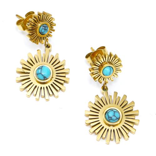 Stainless Steel Drop Earring 304 Stainless Steel with turquoise Vacuum Ion Plating fashion jewelry & for woman golden Sold By Pair