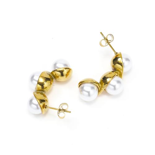 Boucle d'oreille de gaujon en acier inoxydable, Acier inoxydable 304, avec perle de plastique, bijoux de mode & pour femme, 26x14mm, Vendu par paire