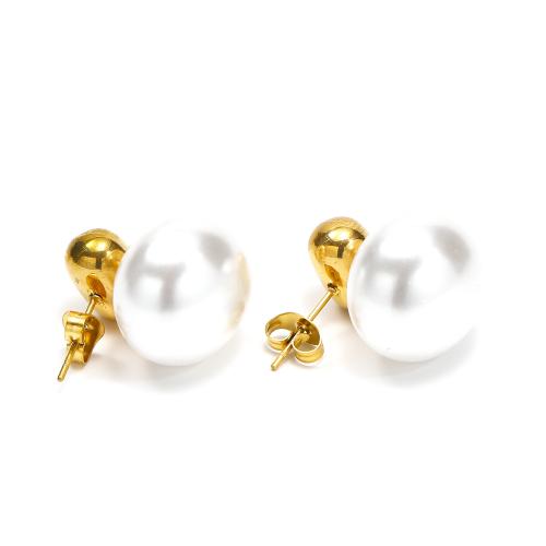 Stainless Steel Stud Earrings, 304 Stainless Steel, with Plastic Pearl, Vacuum Ion Plating, fashion jewelry & for woman, 16x20mm, Sold By Pair