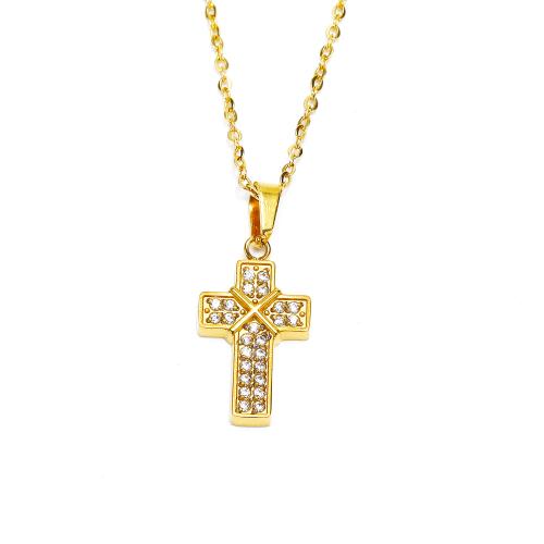 Stainless Steel Jewelry Necklace, 304 Stainless Steel, Cross, Vacuum Ion Plating, fashion jewelry & different size for choice & for woman & with rhinestone, golden, Length:Approx 45 cm, Sold By PC