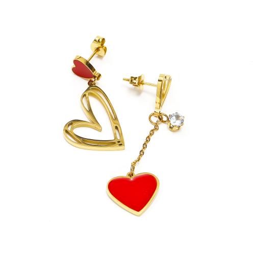Asymmetric Earrings, 304 Stainless Steel, with Cubic Zirconia, Heart, Vacuum Ion Plating, fashion jewelry & for woman & enamel, golden, Sold By Pair