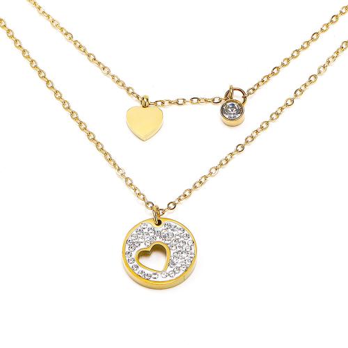 Stainless Steel Jewelry Necklace 304 Stainless Steel Flat Round Vacuum Ion Plating fashion jewelry & for woman & with rhinestone golden Length Approx 45 cm Sold By PC