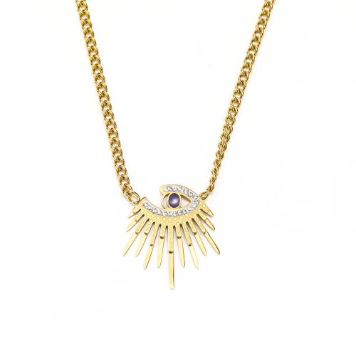 Stainless Steel Jewelry Necklace, 304 Stainless Steel, Evil Eye, Vacuum Ion Plating, fashion jewelry & for woman & with rhinestone, golden, 22x26mm, Length:Approx 45 cm, Sold By PC