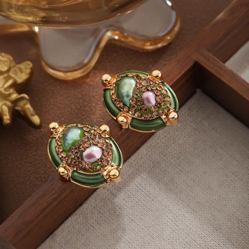 Brass Earring Stud Component, with Cubic Zirconia & Freshwater Pearl, gold color plated, for woman, green, nickel, lead & cadmium free, 23x30mm, Sold By Pair
