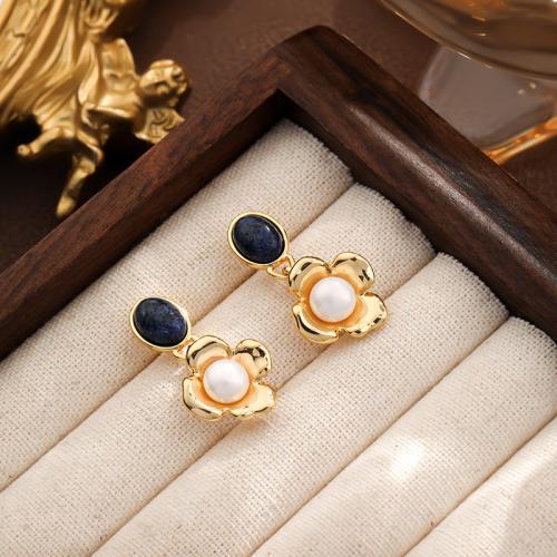 Freshwater Pearl Earrings, Brass, with Freshwater Pearl, Flower, gold color plated, for woman, white, nickel, lead & cadmium free, 14x26mm, Sold By Pair