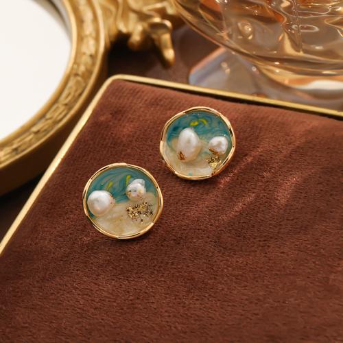 Freshwater Pearl Earrings, Brass, with Freshwater Pearl, Round, gold color plated, for woman & enamel, mixed colors, nickel, lead & cadmium free, 18.50x18.50mm, Sold By Pair