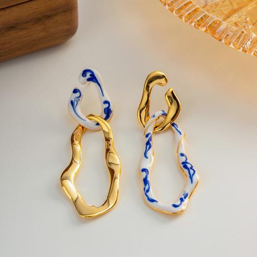 Brass Drop Earring irregular gold color plated for woman & enamel blue nickel lead & cadmium free Sold By Pair