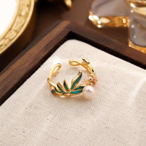 Brass Finger Ring with Freshwater Pearl Leaf gold color plated for woman & enamel green nickel lead & cadmium free Sold By PC