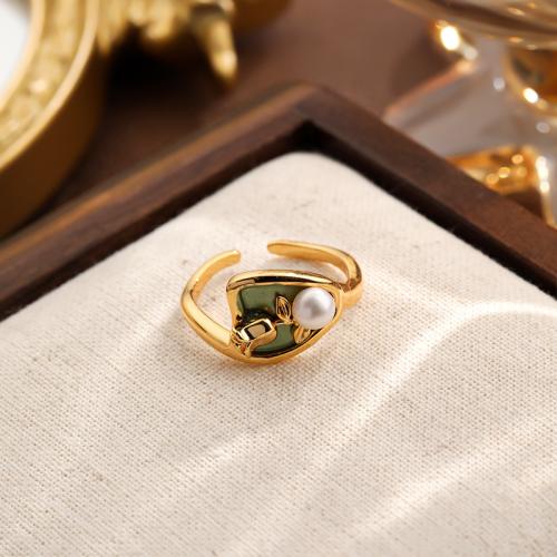 Brass Finger Ring with Freshwater Pearl Rose gold color plated for woman & enamel green nickel lead & cadmium free Sold By PC