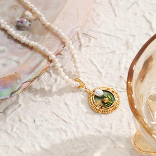 Brass Necklace, with Cubic Zirconia & Freshwater Pearl, with 6.5CM extender chain, Flower, gold color plated, for woman & enamel, green, nickel, lead & cadmium free, 23.50x38mm, Length:35.5 cm, Sold By PC