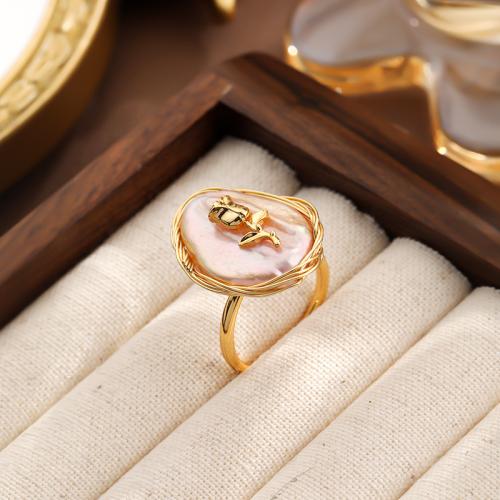 Ring Finger mosiądz, ze Perła naturalna słodkowodna, Platerowane w kolorze złota, dla kobiety, biały, bez zawartości niklu, ołowiu i kadmu, sprzedane przez PC