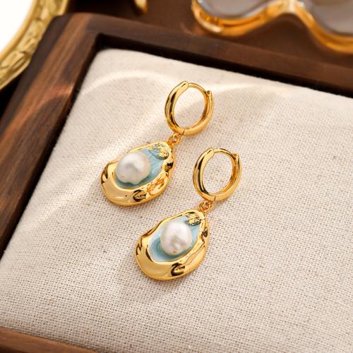 Freshwater Pearl Earrings Brass with Freshwater Pearl gold color plated for woman & enamel nickel lead & cadmium free Sold By Pair