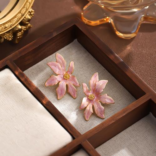 Brass Stud Earring, Flower, gold color plated, for woman & enamel, pink, nickel, lead & cadmium free, 18x25mm, Sold By Pair