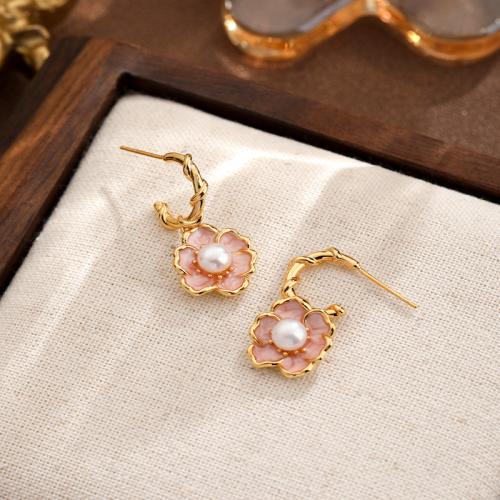 Freshwater Pearl Earrings, Brass, with Freshwater Pearl, Flower, gold color plated, for woman & enamel, pink, nickel, lead & cadmium free, 26.70x13.70mm, Sold By Pair