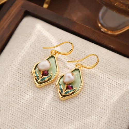 Freshwater Pearl Earrings Brass with Freshwater Pearl gold color plated for woman & enamel green nickel lead & cadmium free Sold By Pair