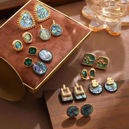 Brass Stud Earring, with Abalone Shell, gold color plated, different styles for choice & for woman, more colors for choice, nickel, lead & cadmium free, Sold By Pair