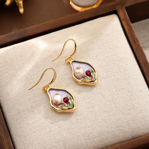 Freshwater Pearl Earrings, Brass, with Freshwater Pearl, gold color plated, for woman & enamel, mixed colors, nickel, lead & cadmium free, 14x37mm, Sold By Pair