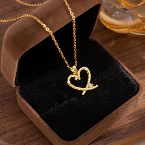 Titanium Steel Necklace, with 5cm extender chain, Heart, plated, fashion jewelry & with rhinestone, golden, 16x20mm, Length:40 cm, Sold By PC