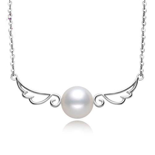 Brass Necklace, with Plastic Pearl, with 5CM extender chain, plated, for woman, platinum color, Length:Approx 40 cm, Sold By PC