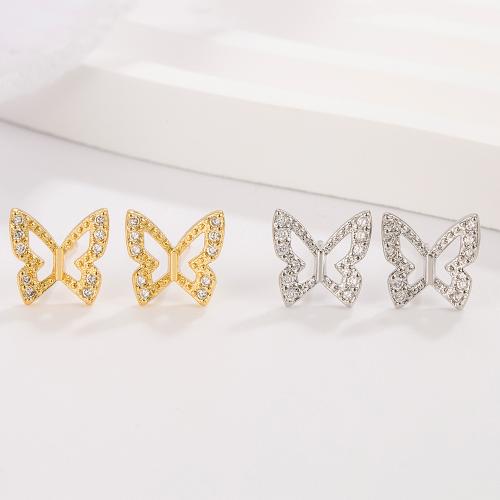 Cubic Zirconia Micro Pave Brass Earring, Butterfly, plated, micro pave cubic zirconia & for woman, more colors for choice, 9x9mm, Sold By Pair