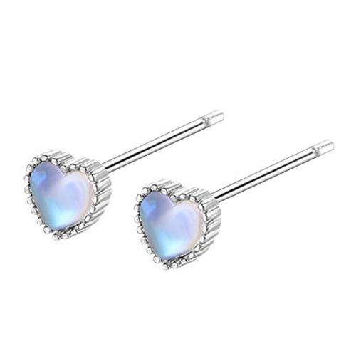 Brass Stud Earring, with Moonstone, Heart, plated, for woman, platinum color, 7x6.50mm, Sold By Pair