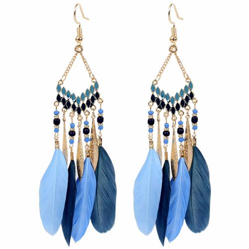 Fashion Feather Earring, Tibetan Style, with Feather, for woman, more colors for choice, 130x28mm, Sold By Pair