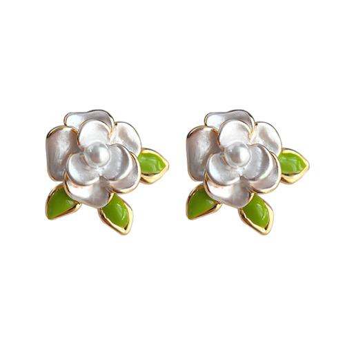 Brass Stud Earring, with Plastic Pearl, Flower, fashion jewelry & for woman & enamel, white, 14x14mm, Sold By Pair