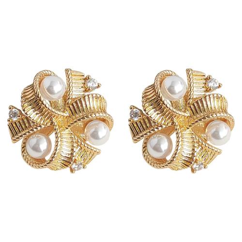 Boucles d'oreilles en laiton zircon cubique pavent, avec perle de plastique, bijoux de mode & pavé de micro zircon & pour femme, doré, 15x15mm, Vendu par paire