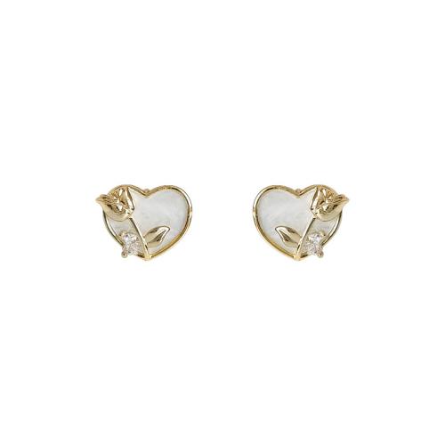 Cubic Zirconia Micro Pave Brass Earring, with Acrylic, Heart, fashion jewelry & micro pave cubic zirconia & for woman, white, 15x18mm, Sold By Pair