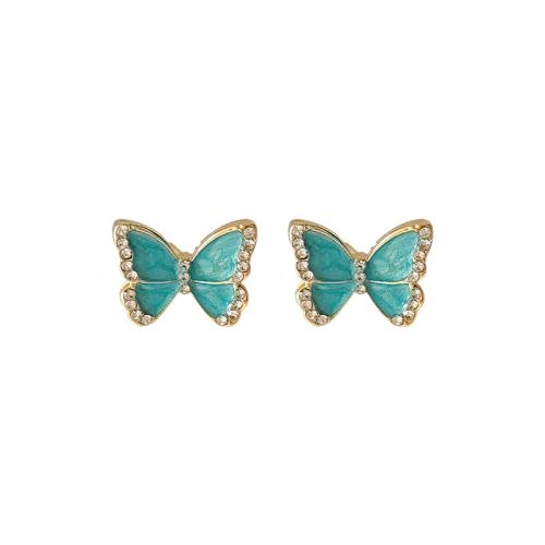 Zinc Alloy Stud Earring Butterfly fashion jewelry & for woman & enamel & with rhinestone blue Sold By Pair