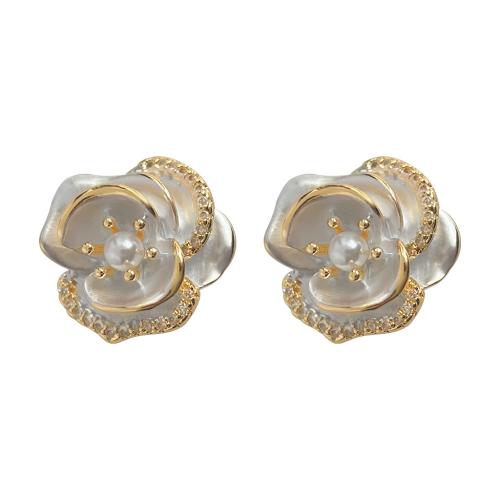 Cubic Zirconia Micro Pave Brass Earring, with Plastic Pearl, Flower, fashion jewelry & micro pave cubic zirconia & for woman & enamel, 15x16mm, Sold By Pair