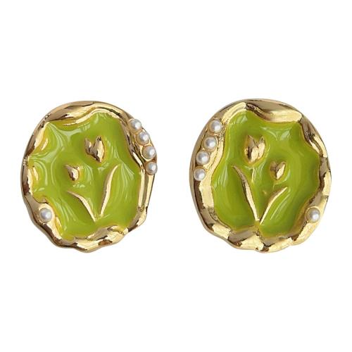 Brass Stud Earring, with Plastic Pearl, fashion jewelry & for woman & enamel, more colors for choice, 14x15mm, Sold By Pair