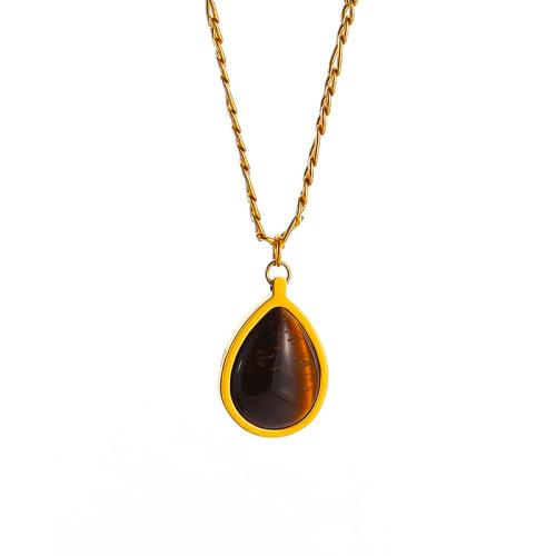 Titanium Steel Necklace, with Tiger Eye, Double Layer & fashion jewelry & for woman, golden, Length:Approx 45 cm, Sold By PC